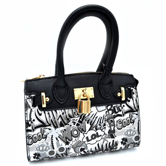 Decorated lock graffiti print mini-tote crosbody bag - black