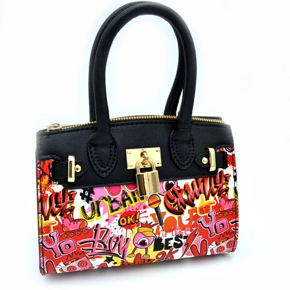 Decorated lock graffiti print mini-tote crosbody bag - red