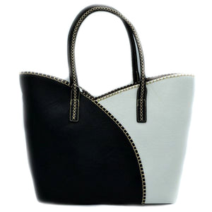 Stitched color-block tote with pouch - black white