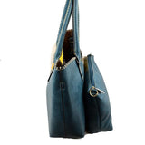 Stitched color-block tote with pouch - brown mustard