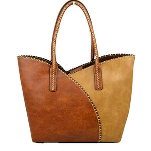 Stitched color-block tote with pouch - brown mustard