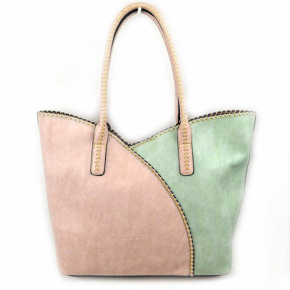 Stitched color-block tote with pouch - pink mint