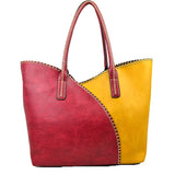 Stitched color-block tote with pouch - red yellow
