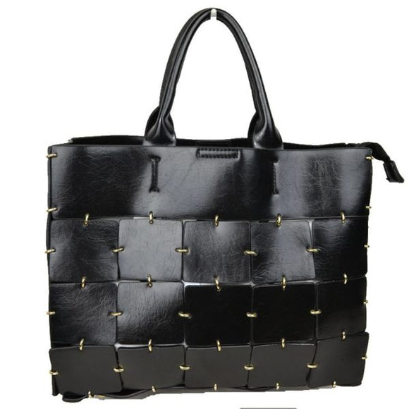 Linked patch leather bag with pouch - black