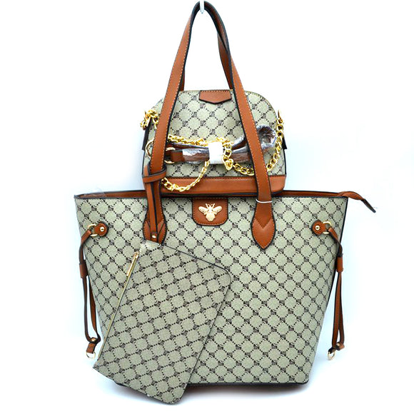 3-in-1 monogram pattern & queen bee tote set - taupe