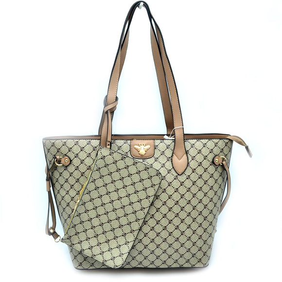 3-in-1 monogram pattern & queen bee tote set - taupe