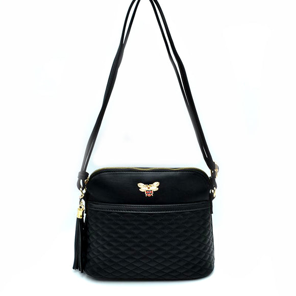 Quilted bee and stripe crossbody bag - black