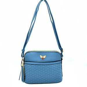 Quilted bee and stripe crossbody bag - blue