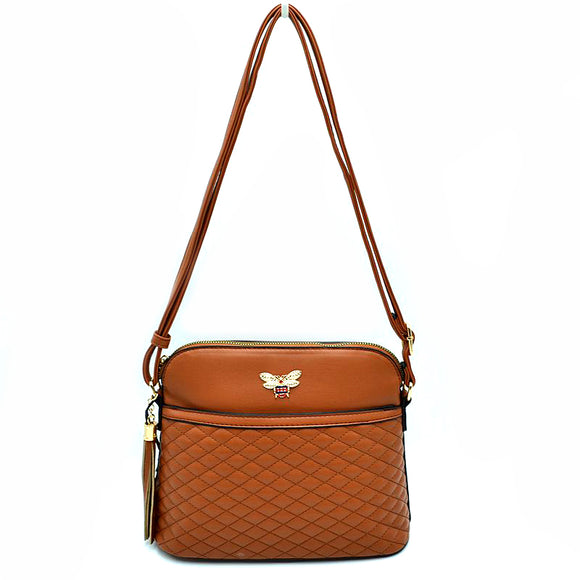 Quilted bee and stripe crossbody bag - brown