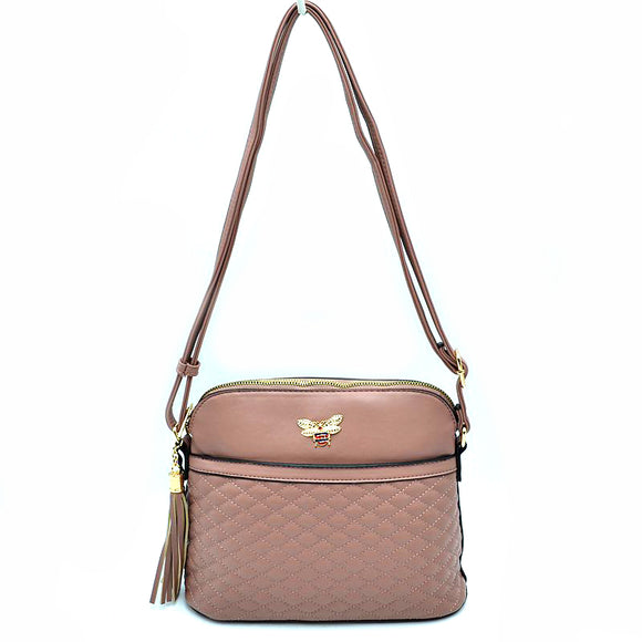 Quilted bee and stripe crossbody bag - mauve