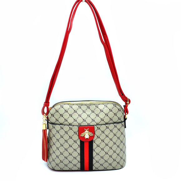 Monogram pattern bee and stripe crossbody bag - taupe/red