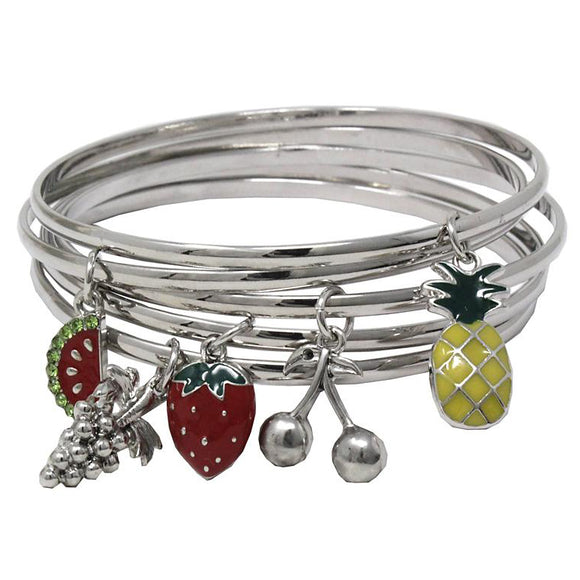 [6PC SET] Multi bangle with fruit charm - silver