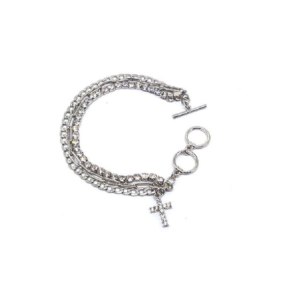 [2 PC] Cross w/ rhinestone bracelet - silver