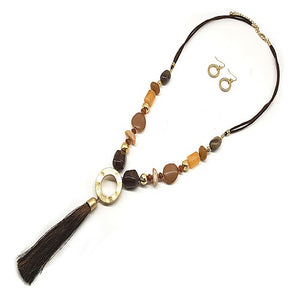 Color bead w/ tassel necklace set - brown