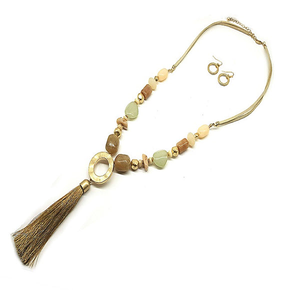 Color bead w/ tassel necklace set - natural