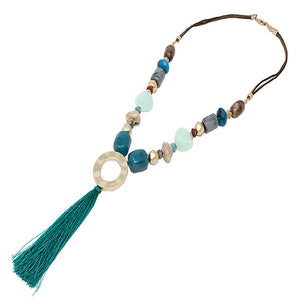 Color bead w/ tassel necklace set - teal