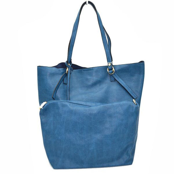 Belted handle tote and pouch set - blue