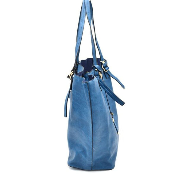 Belted handle tote and pouch set - blue