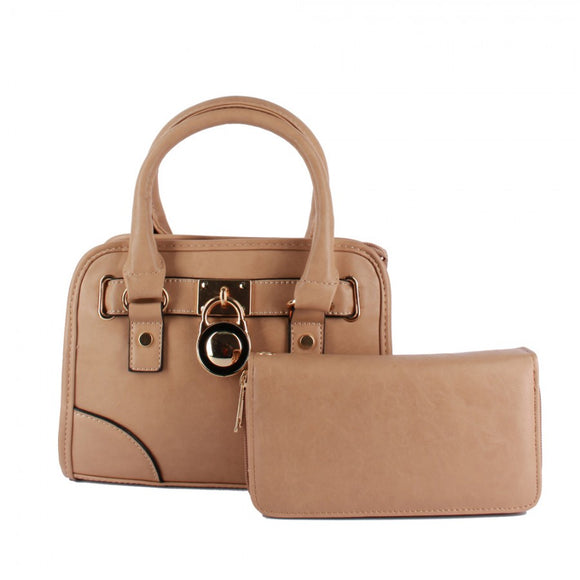 Decorated lock small satchel & wallet set - apricot