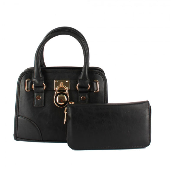 Decorated lock small satchel & wallet set - black