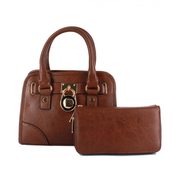 Decorated lock small satchel & wallet set - coffee