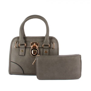 Decorated lock small satchel & wallet set - gray