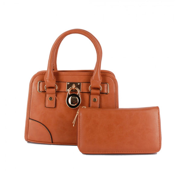 Decorated lock small satchel & wallet set - tan