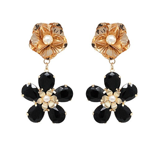 Flower crystal bead earring - black