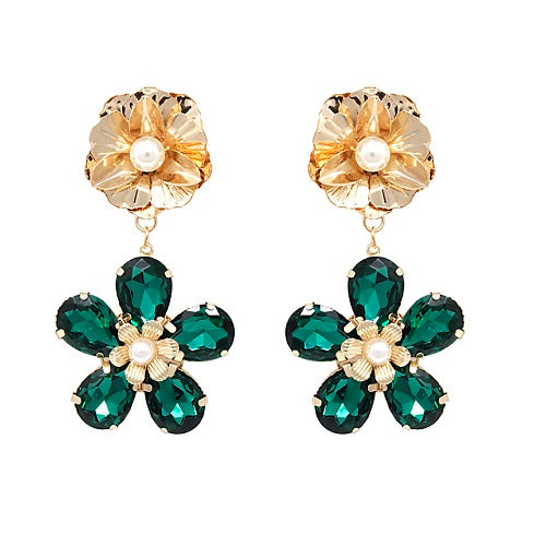 Flower crystal bead earring - green