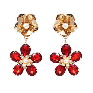 Flower crystal bead earring - red