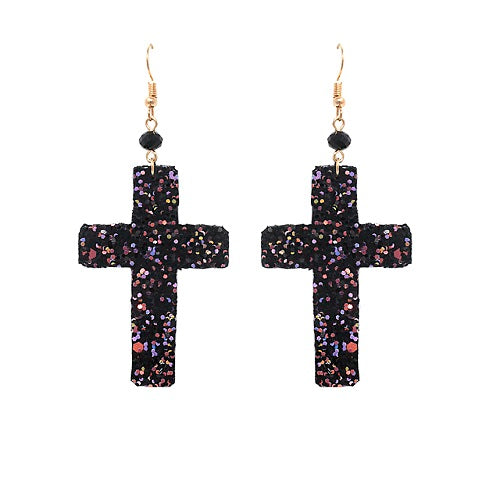 Cross glitter earring - black