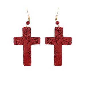 Cross glitter earring - red