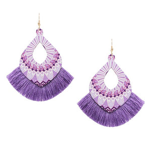 Pattern w/ fan tassel earring - purple