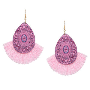Tear drop w/ tassel earring - pink