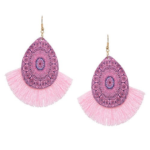 Tear drop w/ tassel earring - pink