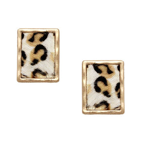 [ 6PC SET ] Rectangle Faux fur animal print earring - leopard