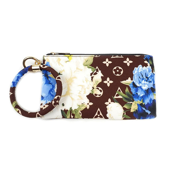 Designer inspired flower wristlet bag - blue