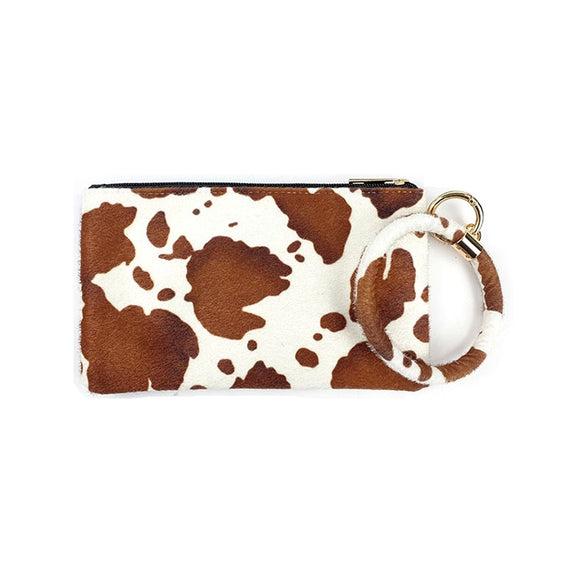 Faux-fur cow printed wristlet bag - white and brown