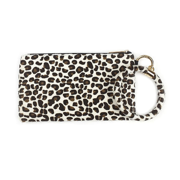 Faux-fur leopard print wristlet bag - white leopard