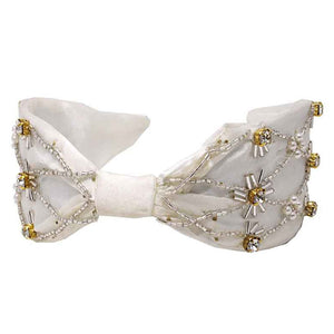 Beads ribbon headband - white