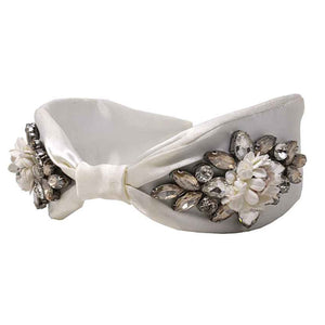 Rhinestone flower ribbon headband - white