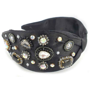Beads & rhinestone ribbon headband - black