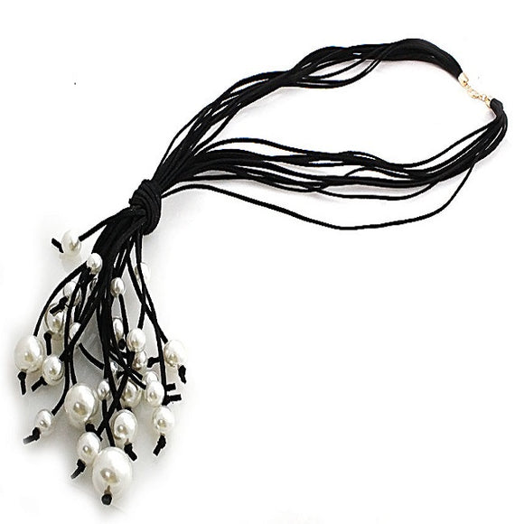 Pearl w/ suede cord necklace set - black
