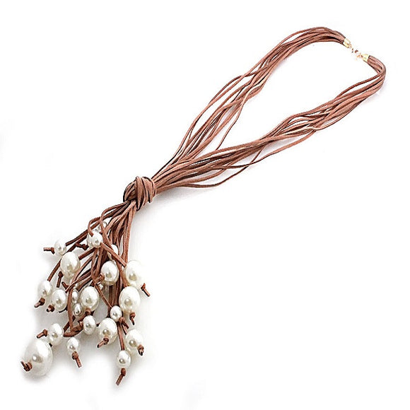 Pearl w/ suede cord necklace set - brown