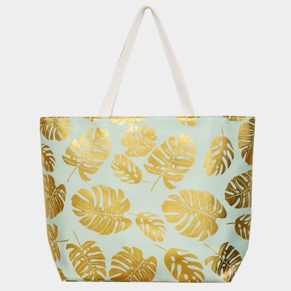 Tropical Leaves Foil Beach Bag - mint