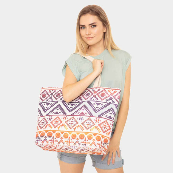 Colorful tribal beach tote - navy red
