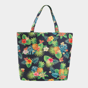 Tropical leaf & pineapple print beach tote - navy
