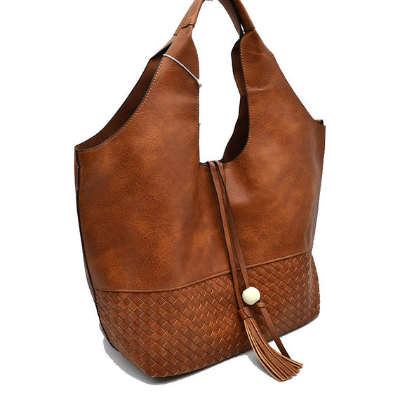 Weaving detail hobobag with tassel - brown