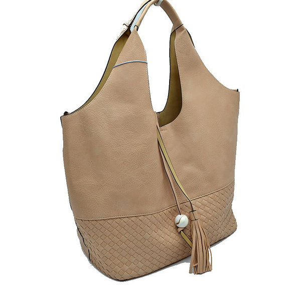 Weaving detail hobobag with tassel - taupe