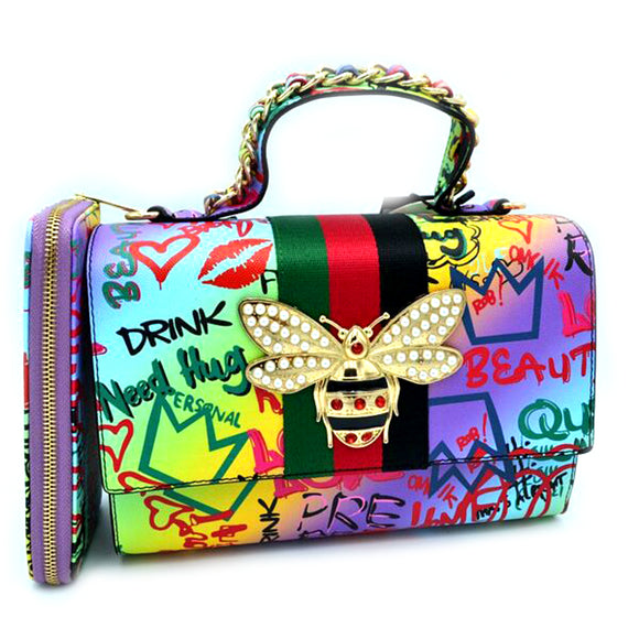 Graffiti & queen bee satchel with wallet - multi 3